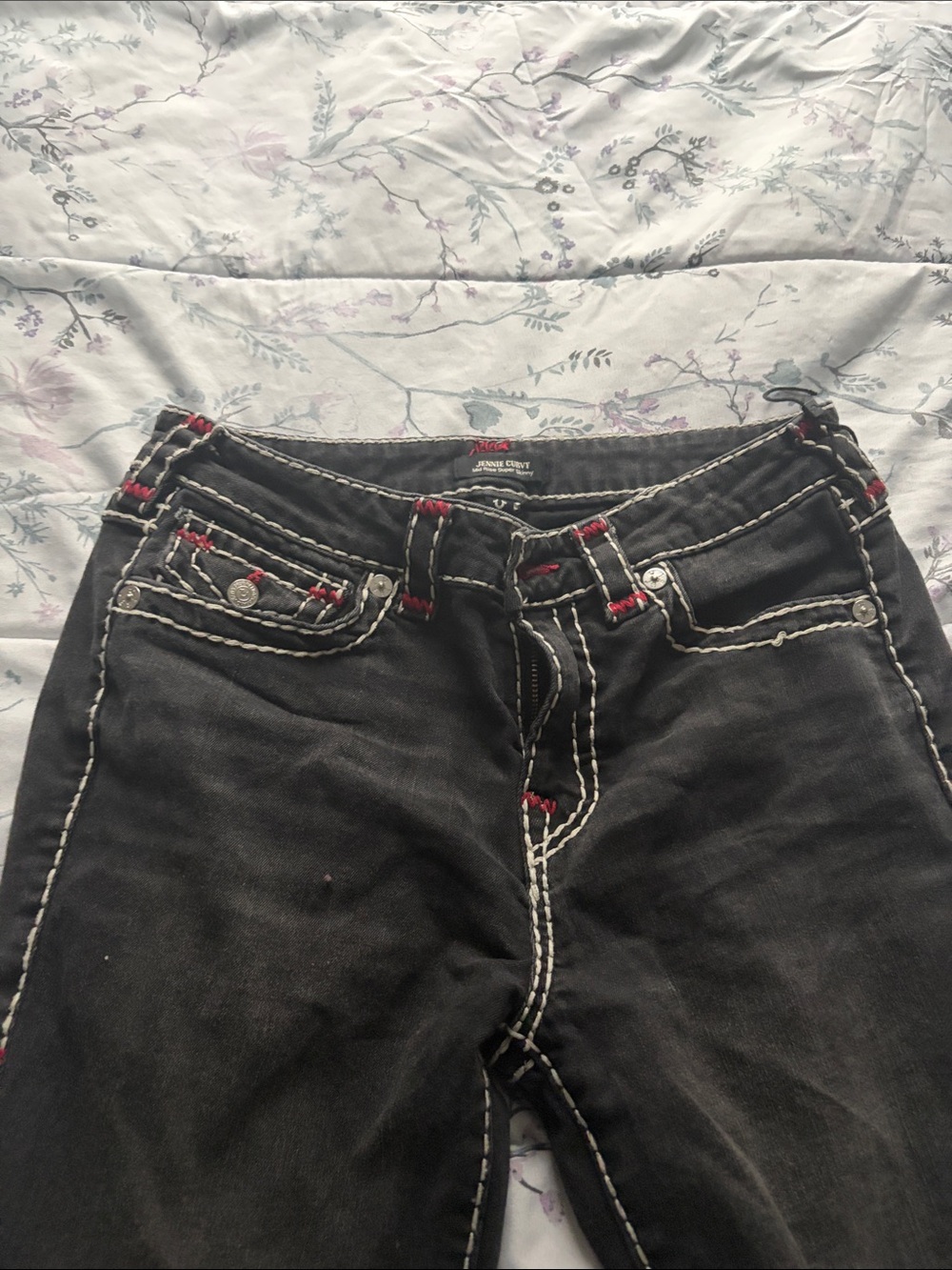True Religion Black Skinny Jeans with White Contrast Stitching and Red Accents